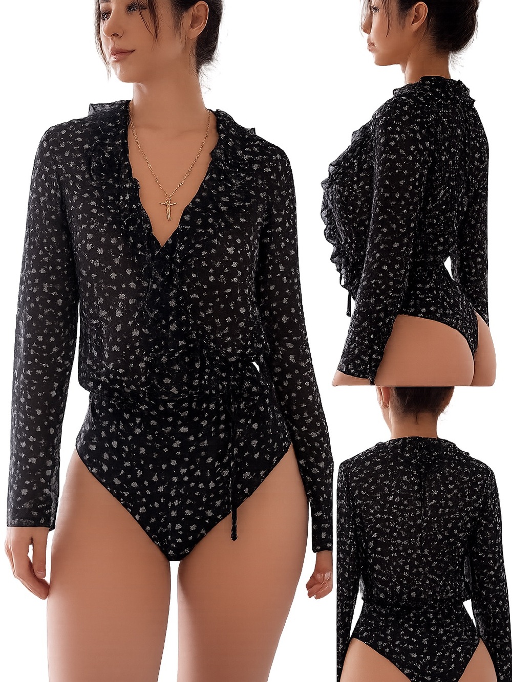 Zara Sheer Star Print Ruffle Bodysuit Black Size S